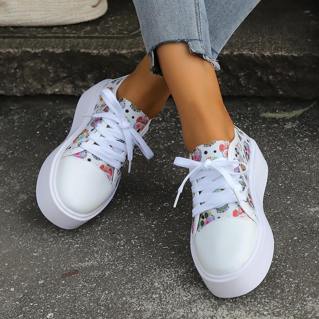 Women's Vulcanized Shoes Retro Halloween Printing Platform Sneakers Fashion Lace Up White Sport Casual Running Shoes Autumn