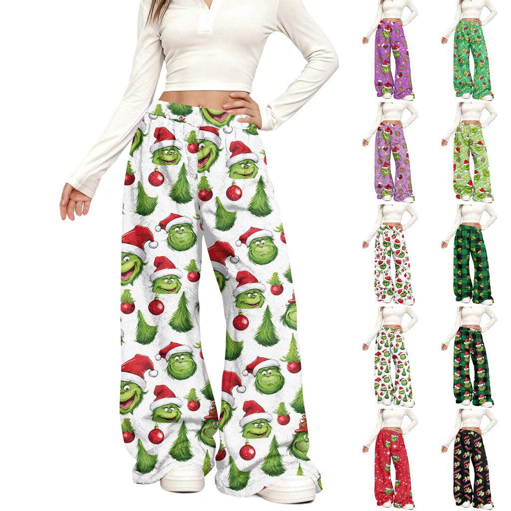Women's Casual Fashion Christmas Print Elastic Waist Loose Plush Wide Leg Pants