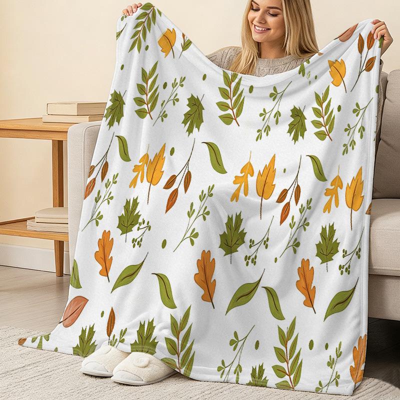 No-Shed Flannel Blanket, Leaf Print Soft Cozy Throw Blanket, Warm Fuzzy Blanket for Home, Couch, Bed, TV Watching, Cozy Relax Vibe