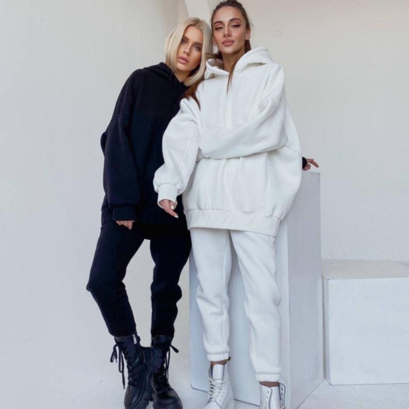 WTEMPO Women's Tracksuit Fleece Hooded Two Piece Set Loose Hoodies Jogger Pants Sets Female Autumn Casual Solid Sportswear Suit