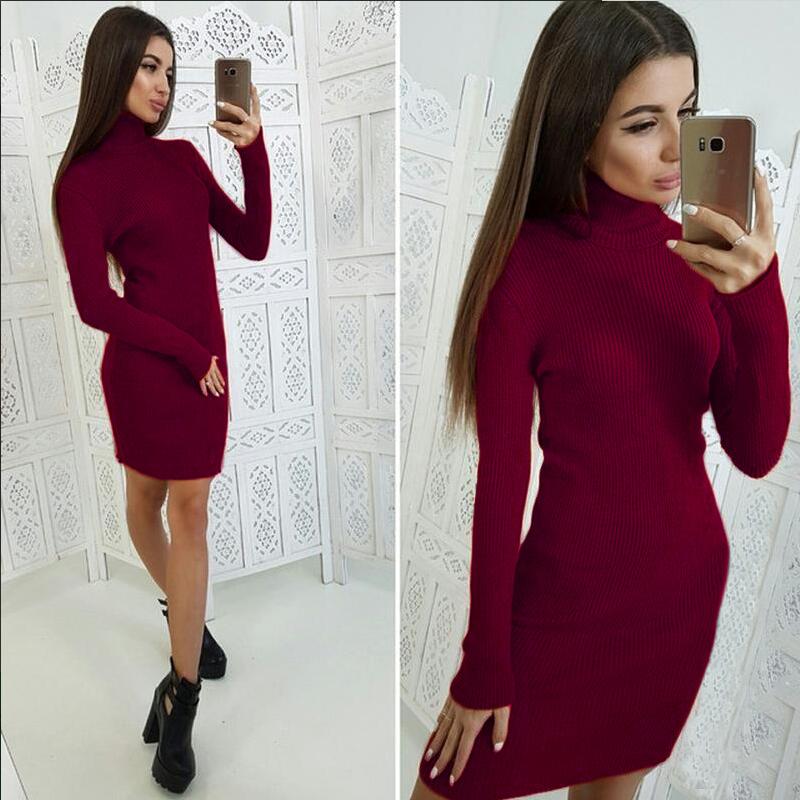 

Осенне-зимнее женское модное вязаное платье-свитер в рубчик с длинным рукавом, водолазка, эластичное тонкое повседневное вязаное облегающее платье-свитер S вино красного