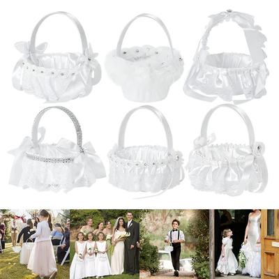 Bílé krajkové Pearl Bowknot květinové košíky Svatební květinový košík