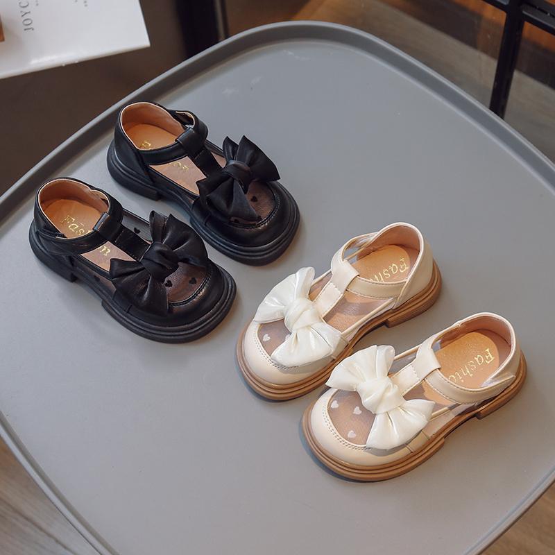 Girls Princess Shoes Big Bows T-strap Kids Leather Shoes Mesh Breathable 2025 Summer New Girls Sandals Round Toes Sweet Ins