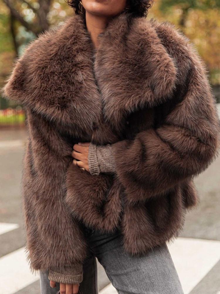 Kaffee Plüsch Kunstpelzmantel mit großem Revers - Warm, modisch, lockere Passform für Herbst/Winter