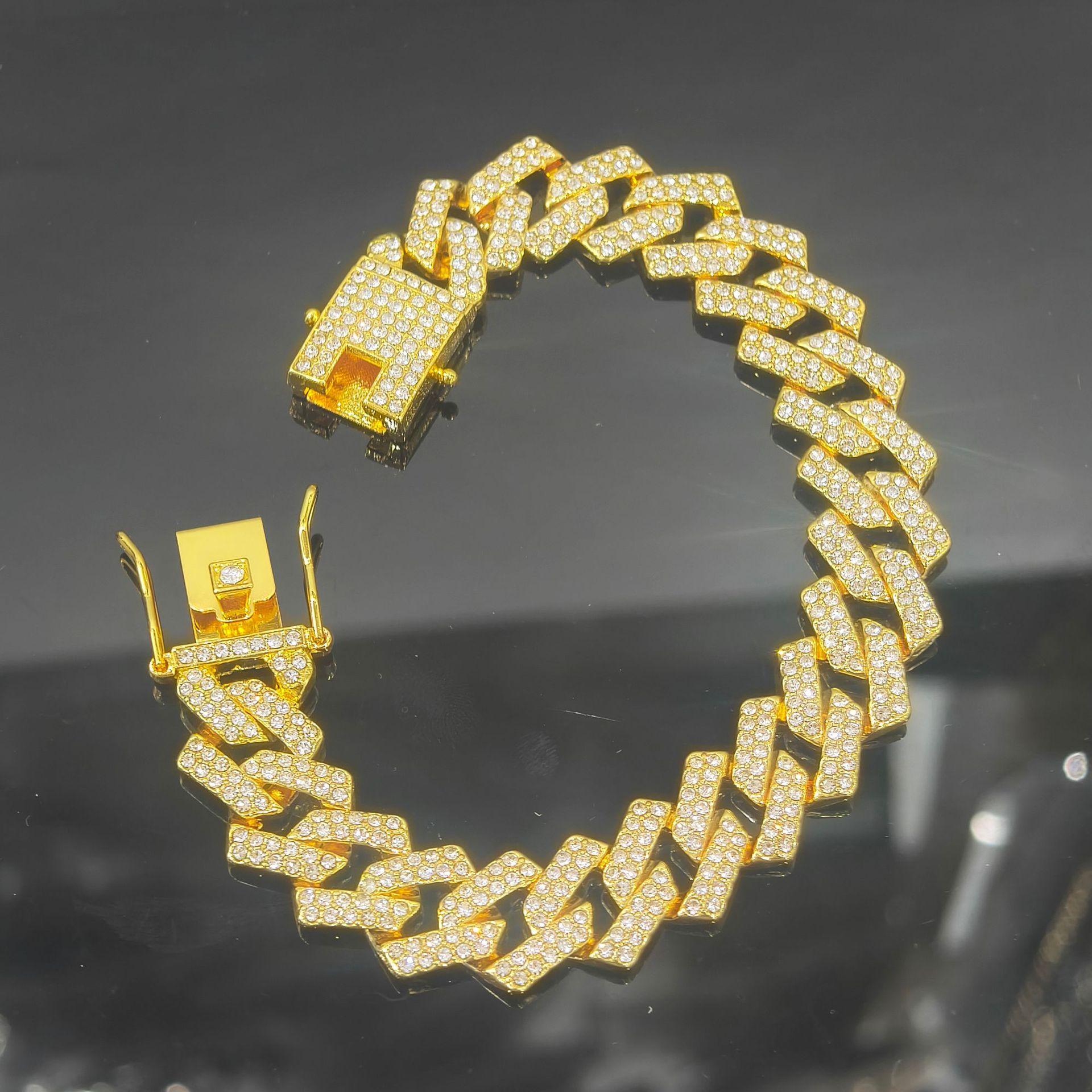 14Mm Alloy Full Diamond Rhombus Cuban Chain Hip Hop Men S Double Row Quad Hip Hop Necklace Jewelry