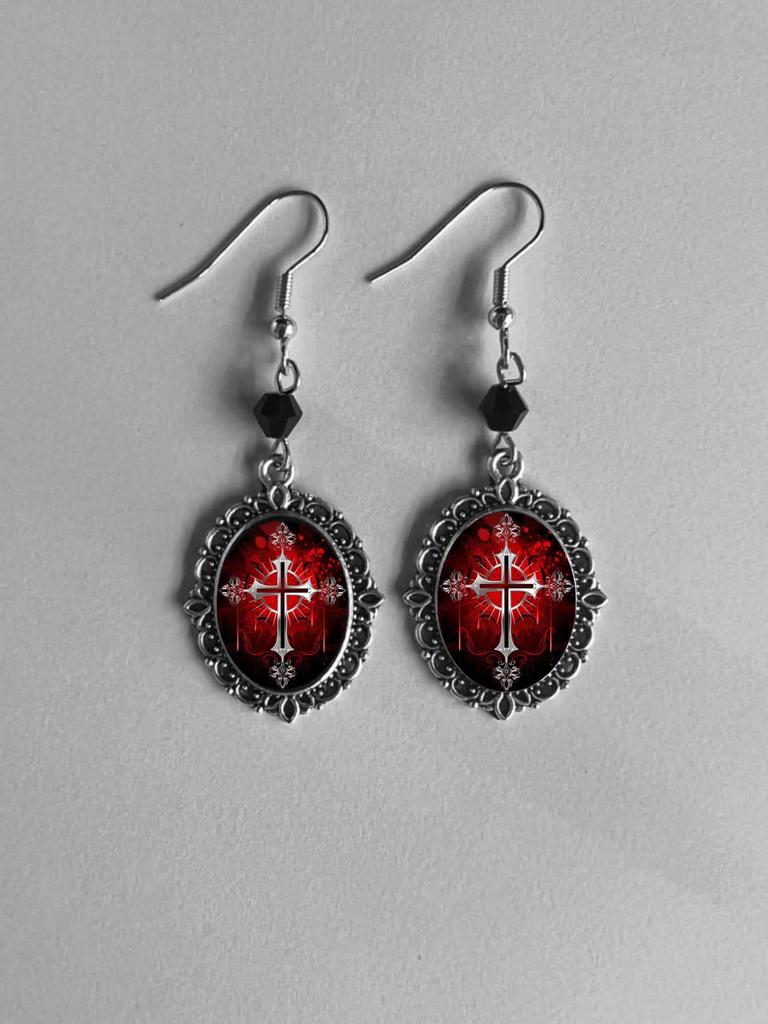 Retro Victoria Sliver Color Oval Lacework Inlay Red Crystal Glass Cat Bat Crow Cemetery Cross Dangle Earrings for Women Jewelry
