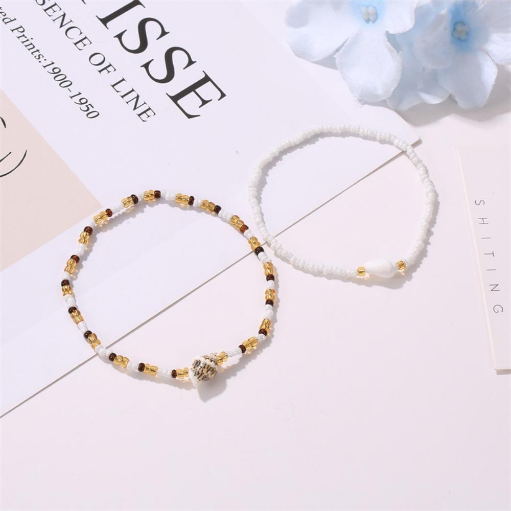 2pcs Set Bohemia Charm Hand-woven Acrylic Beads Shell Conch Bracelet for Women Summer Trendy Beach Bangle Jewelry Set Gift