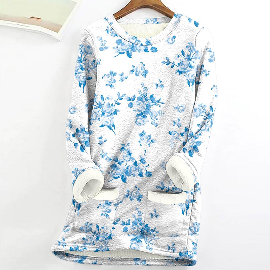 Dámský top s kulatým výstřihem s potiskem, zahuštěný plyšový kašmírový hřejivý dlouhý top