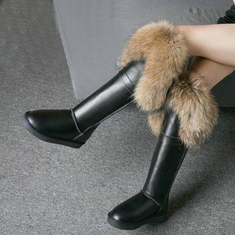 Fashion Fur One Real Fox Hair Over The Knee Boots Inside Elevating Women'S Boots Long Boots Super High Leather Waterproof Snow Boots
