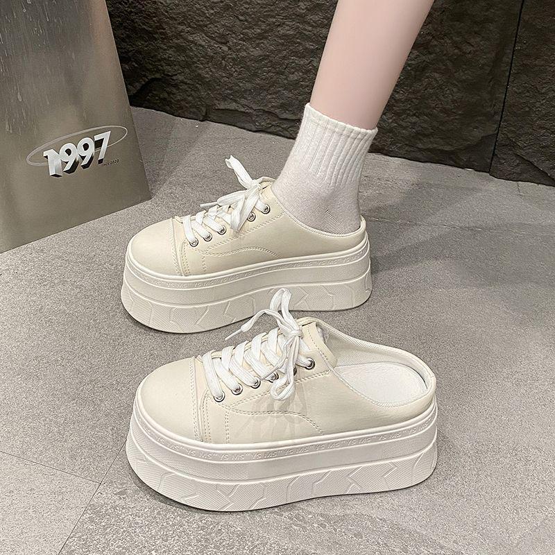 Women's White Thick-Soled Platform Mules - Closed-Toe, Backless, Petite Height Boost, Spring/Summer