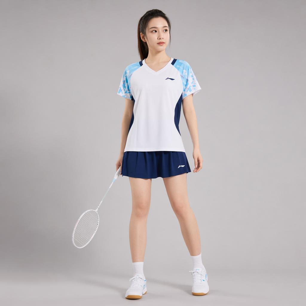 Li Ning Badminton Series Fashion Quick-Dry Breathable Badminton Training Competition Short Sleeve Skirt Set Women Activewear AATV078-2
