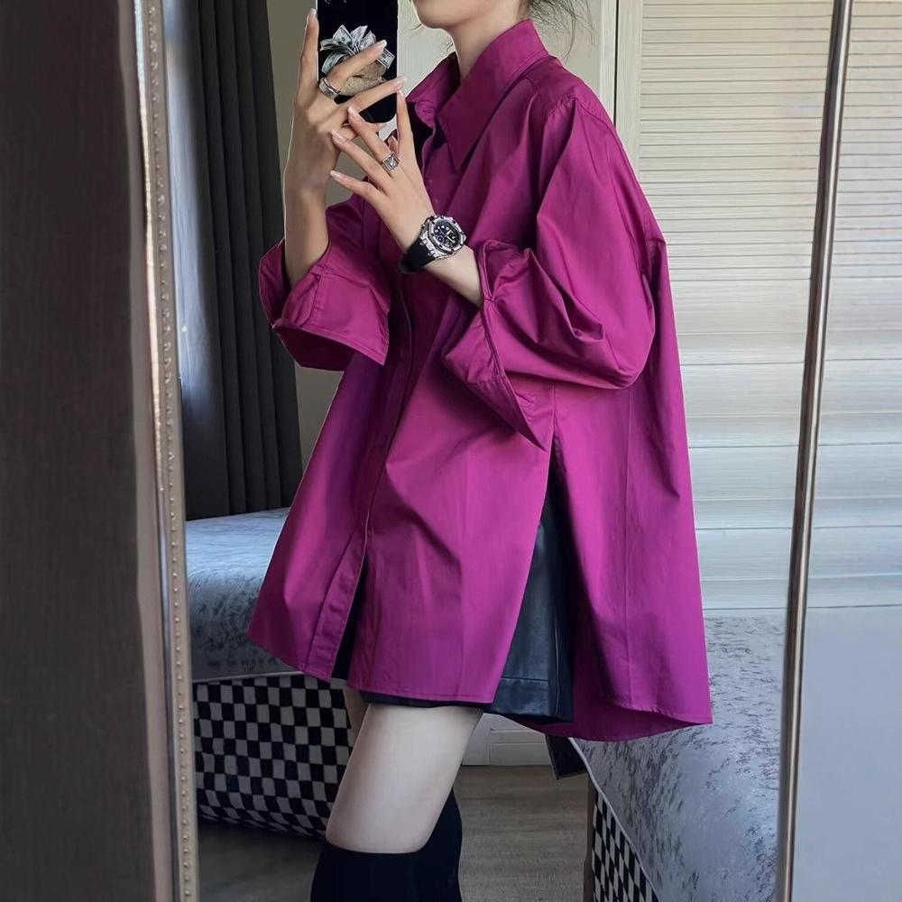 Women Luxury Fuchsia Button‑Up Shirt, Turn‑Down Collar Long‑Sleeve Loose Unique Design Casual Sun‑Protection Fashion Outerwear Blouse