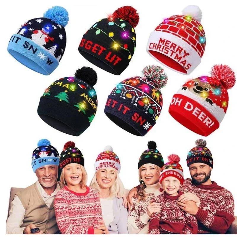 LED Light Christmas Hat Xmas Knitted Hats Warm Winter Cap New Year Featival Party Decoration Christmas Gift for Kids Adults