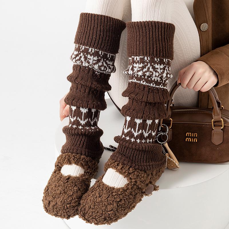 Boots Still Cotton Socks Cover Mori Stacking Socks Warm Thickened Retro Gray Rhombus Calf Leg Cover