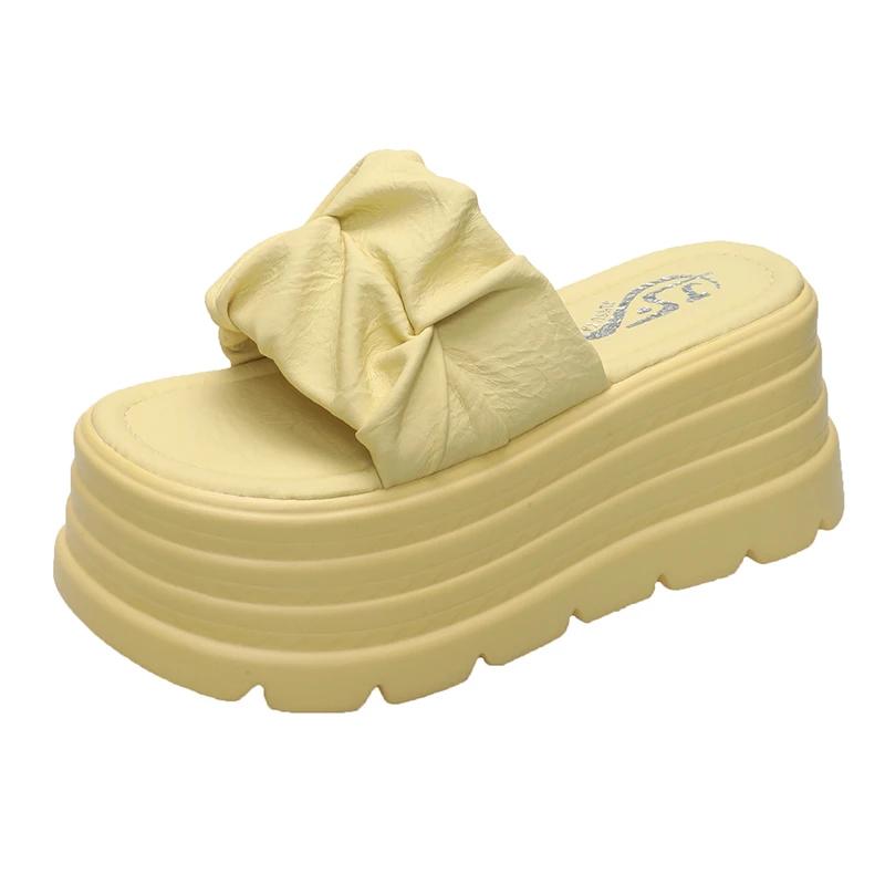 Fashion 8CM Summer Women Slippers New Pleated Thick Sole Dad Shoes Casual High Platform Slides Leisure Outside Flip-Flops Sneakers Woman
