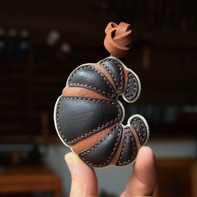 

Chocolate croissant Keychain in genuine leather Handmade Bag accessory