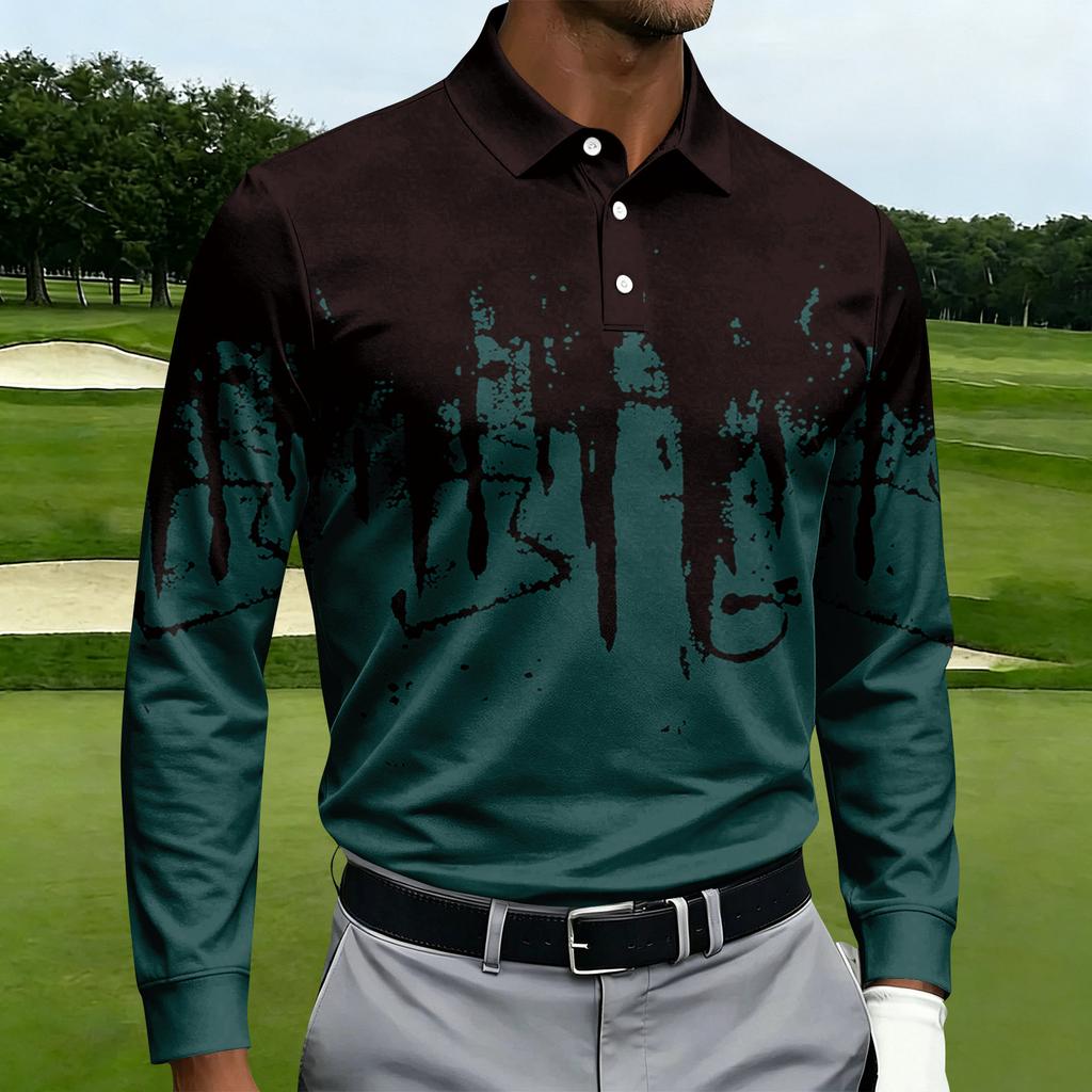 Men's Casual Printed Long Sleeve Button Down Shirt with Lapel Collar for Sports and Daily Wear
