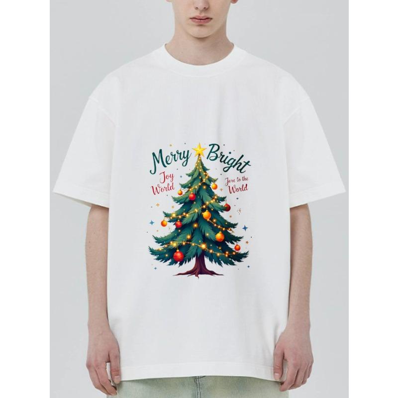 Christmas T Shirt Black Christmas Tree with Lights and Ornaments Merry Bright Joy To The World Holiday Party Celebration Wear