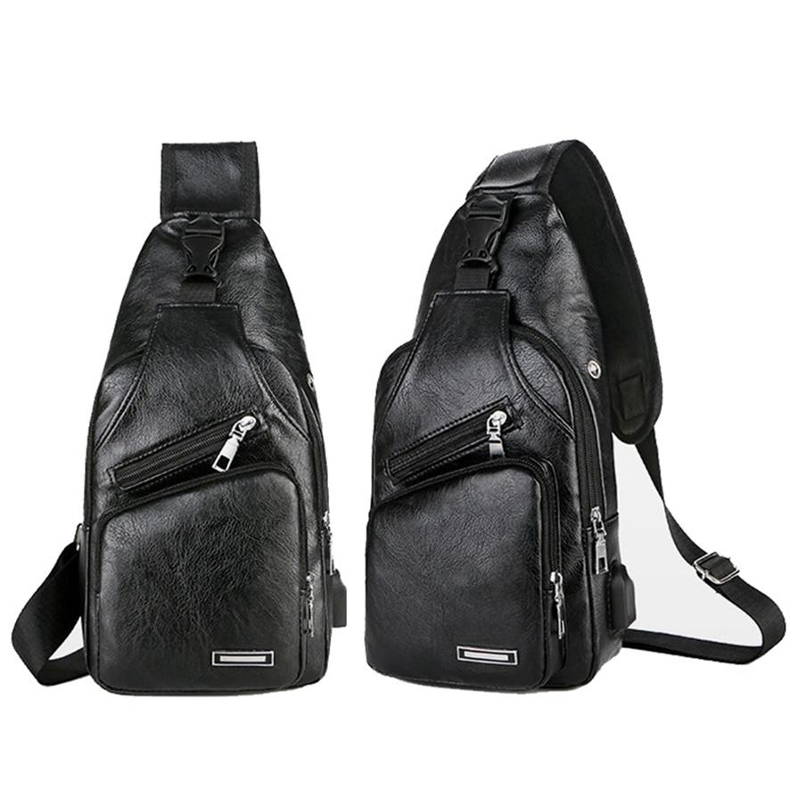 Men Fashion Casual PU Shoulder Chest Bag USB Charging Messenger Travel Packs
