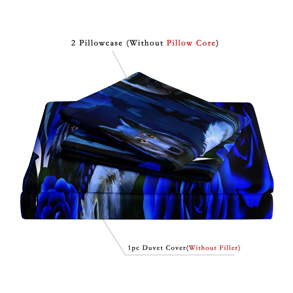 3Pcs Black Wolf And Blue Rose Print Duvet Cover Set Nature Art Printed Bedding Set, Used For Family Bedrooms Dormitories Hotels