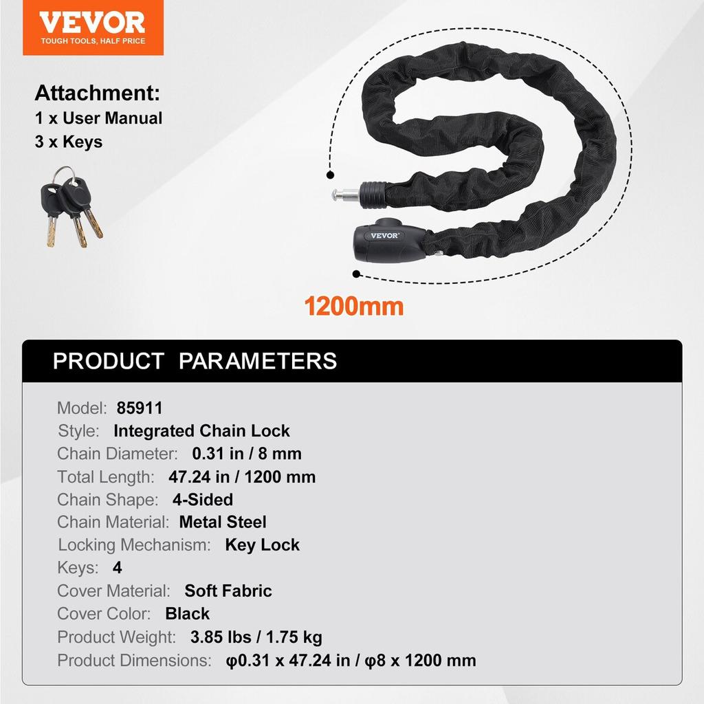 Bike Chain Lock 3.94 Ft Combination Bicycle Chain Lock with 4 Keys 8mm