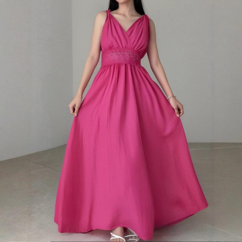 

Модное сексуальное женское вечернее платье с V-образным вырезом и высокой талией, тонкое кружевное, без рукавов, свободное, повседневное, простое, элегантное, длинное, А-силуэтное, однотонная одежда XL розы красного