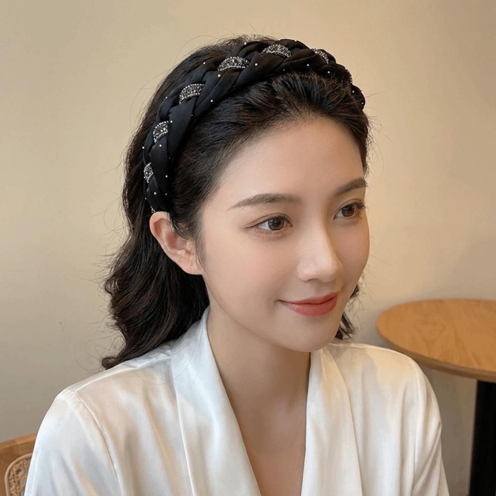 Twisted Knotted High Cranial Hair Hoop Soft Fabric Braided Hairband Rhinestone Headband Daily Use