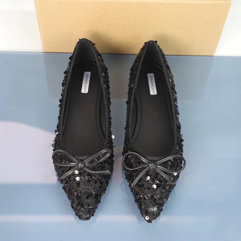 Fashion New 2025 Luxury Shiny Sequins Women's Shoes Elegant Pointed Toe Shallow Soft Sole Date Female Autumn Spring Flats Plus Size