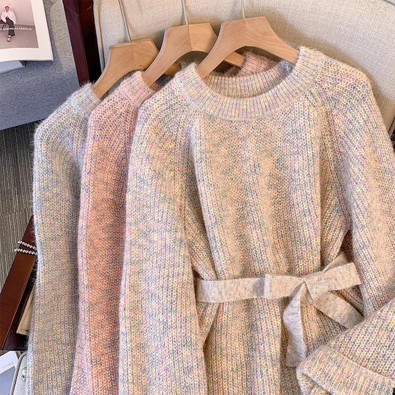 Pulover pentru Femei Toamnă Iarnă Îngroșat Pulover Cald Tricotat în Dungi Gât Rotund Strat de Bază Elastic Mânecă Lungă Jumper Supradimensionat Topuri