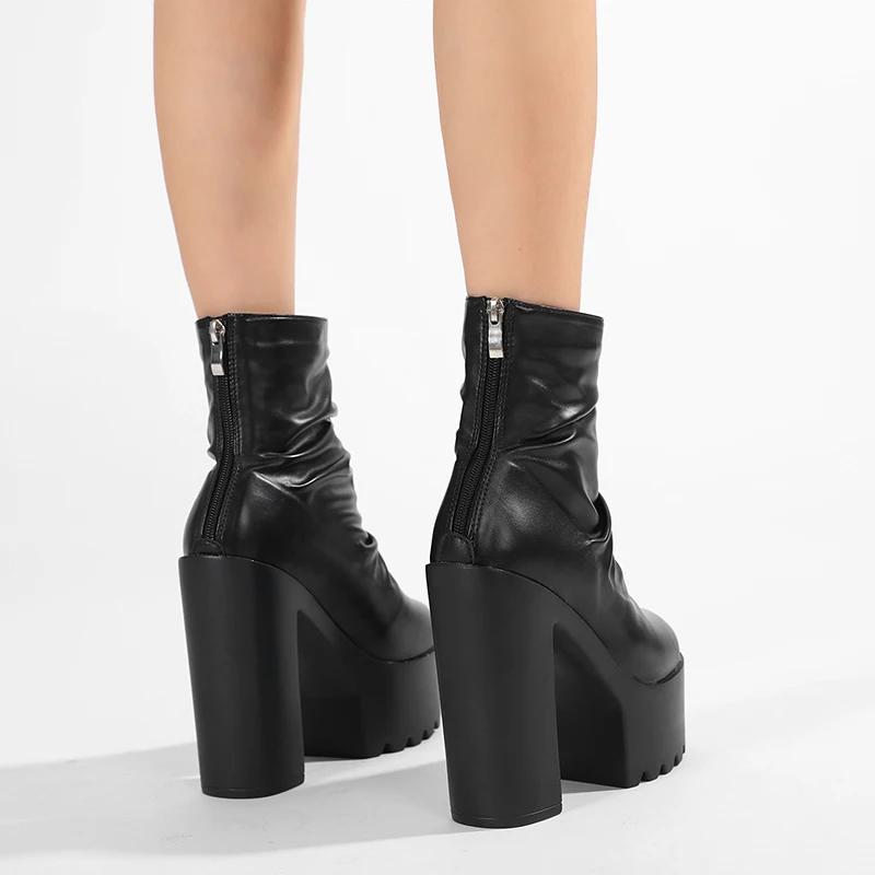 Autumn Platform Ruched Boots High Heels Back Zipper Black Short Boots For Women Increased Waterproof Nightclub Shoes