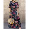 Vintage Floral Print Long Dress With Round Neck And Short Sleeves For Casual Summer Wear