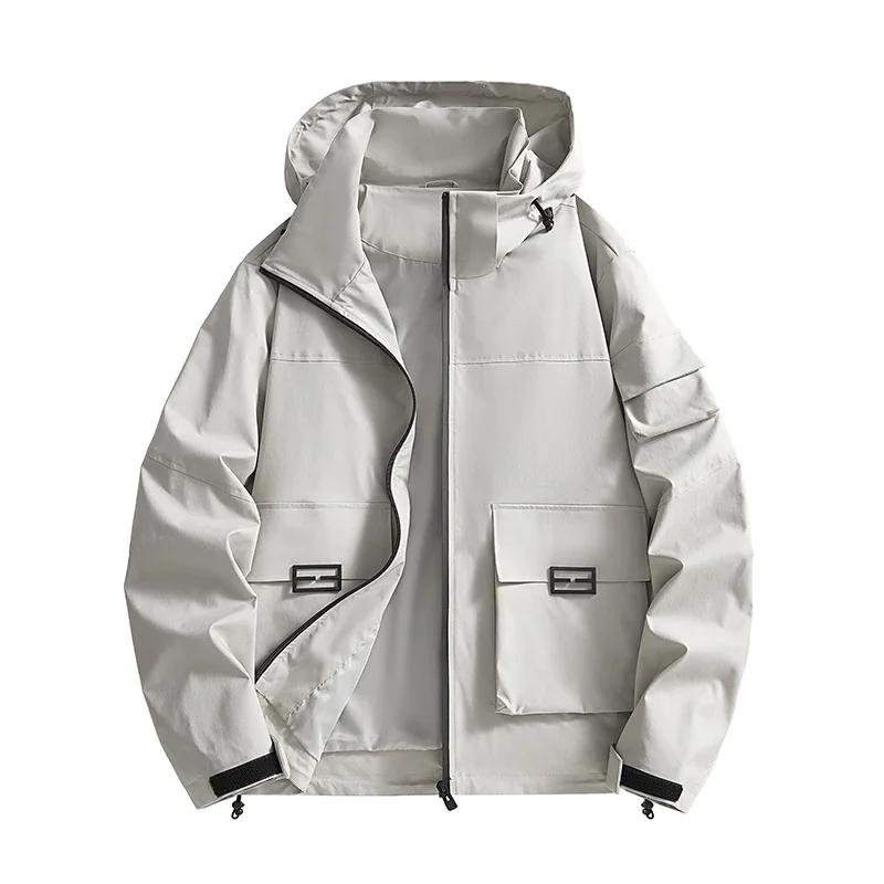 

Men s Jacket Women Hooded Camping Climbing Outdoor Windproof Trekking Zipper Coat Unisex Style Solid Color Big Pocket Clothing 4XL светло-серый