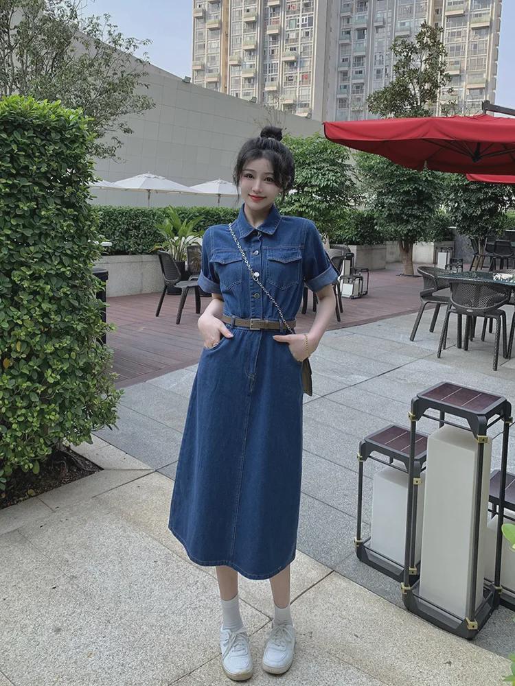Real Shot Plus Size Denim Short-Sleeve Dress for Women - Summer Collection, Slimming Waist Design