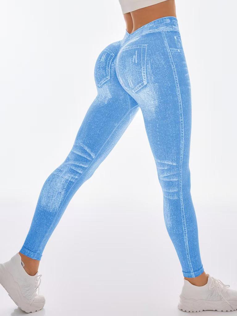 Nahtlose High-Waist Po-Lifting Yoga-Hose für Damen - Schnelltrocknend, Schlankmachend, Enganliegend im Denim-Stil für Laufen & Fitness