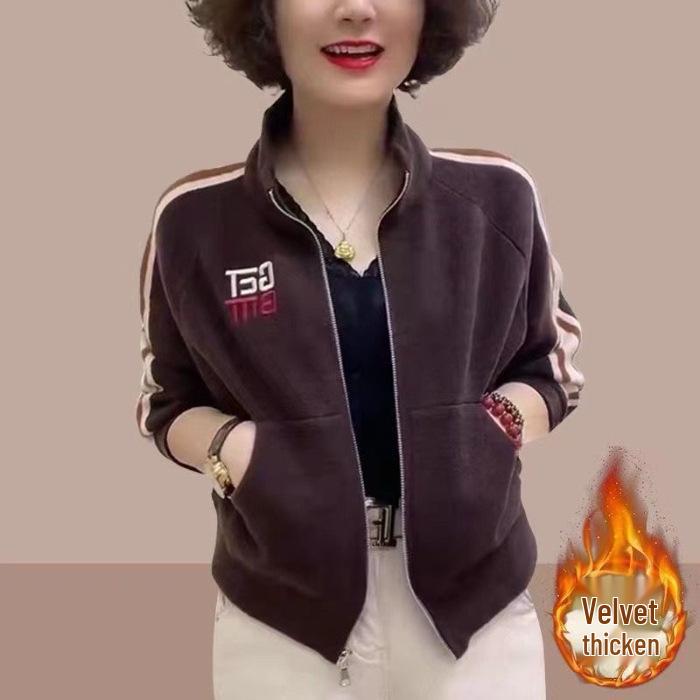 Velvet Winter 2025 Women s Stand Collar Zipper Cardigan - Stylish Casual Jacket for Autumn and Spring 3XL кофейный