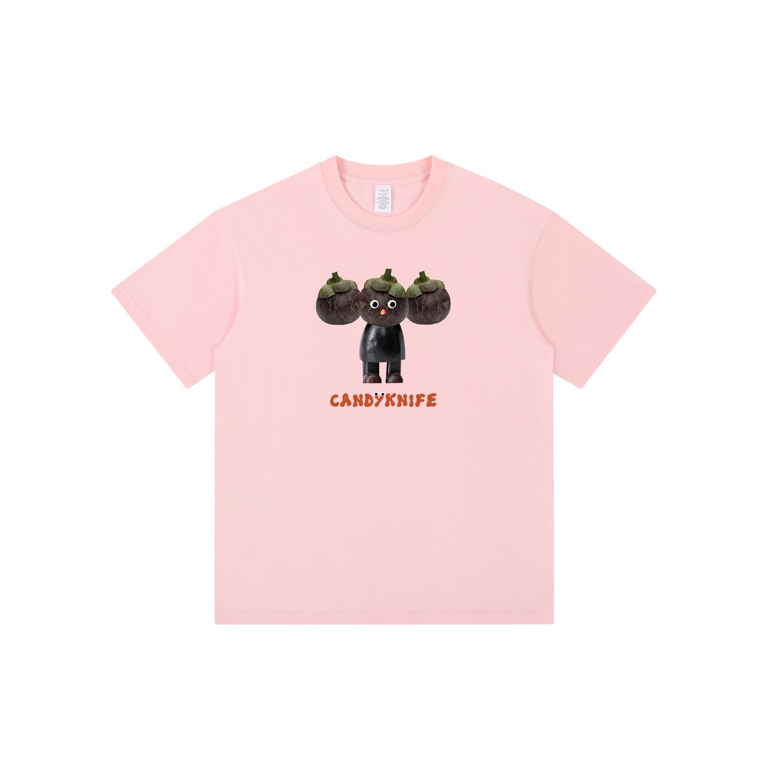 

Fun Mangosteen Print Short Sleeve T-Shirt, Unisex Loose Fit, Pure Cotton S розовый