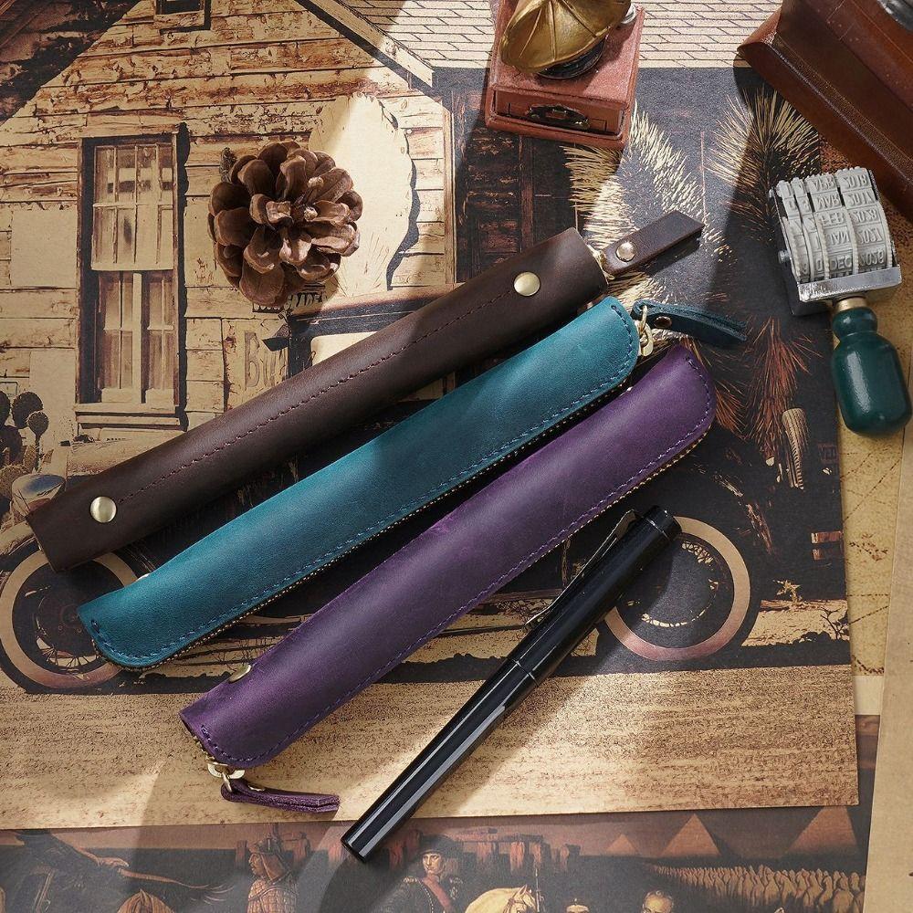 Mini Porta-penne in Pelle di Vacchetta con Cerniera Organizer Protettivo per Penna Elettronica da Scrittura