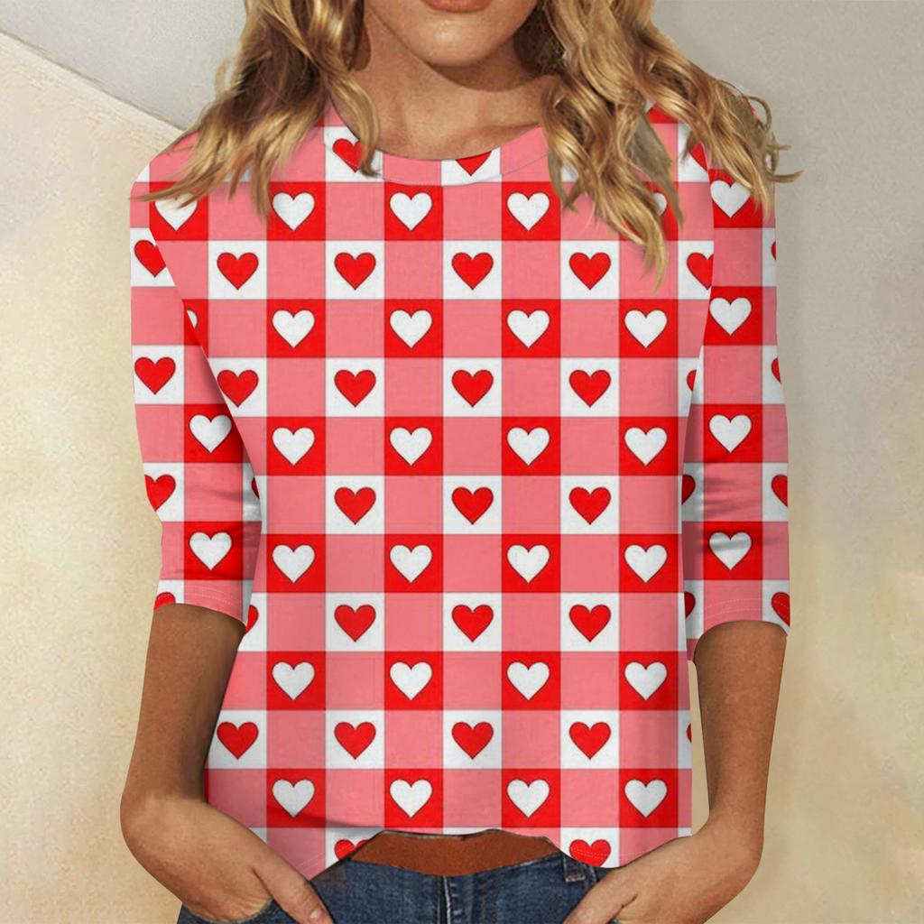 Damen Valentinstag Print Mode Lässig 3/4 Ärmel Rundhals Oberteil