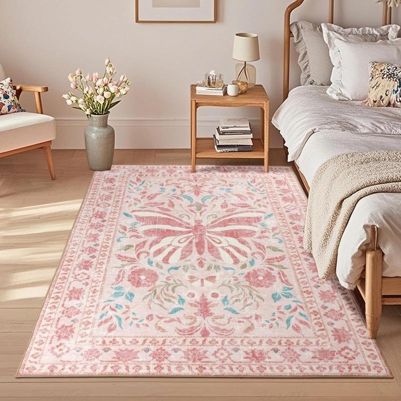 Pink Living Room Carpet Retro Butterfly Floral Print Bedroom Rug Machine Washable Non-slip Coffee Table Sofa Mats Tapis Alfombra