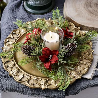 Noel Şamdan Çelengi Mumluk Çelenk Yapay Çiçek Mum Halkası Noel Düğün Masa Orta Parçası Dekorasyonu