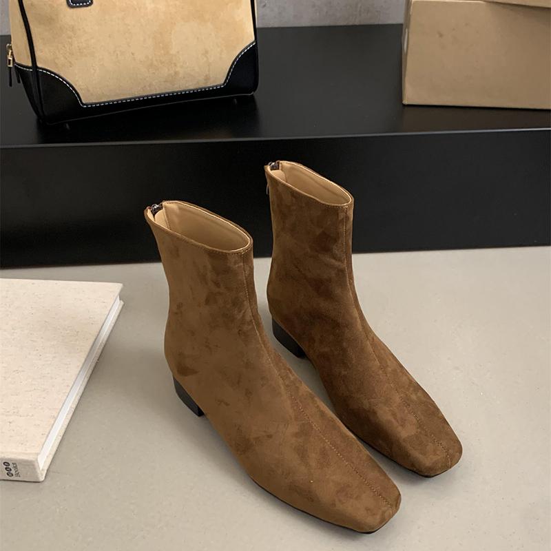 Vintage Square Toe Women Ankle Boots Fashion Elegant Soft Leather Shoes Autumn Thick Heel Laides Modern Short Booties