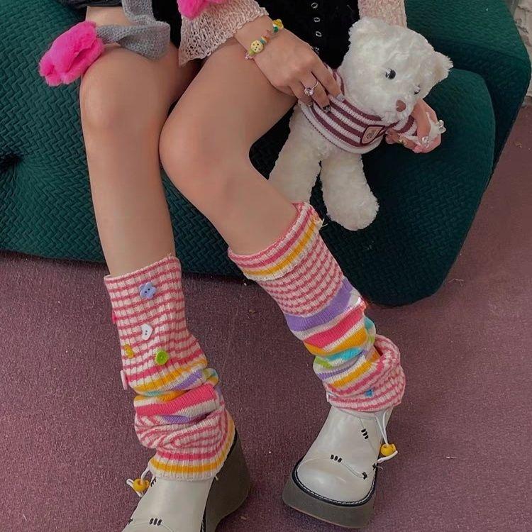 Ankola Red Colorful Y2K Hot Girl Striped Leg Warmers Contrast Color Style Slouchy Knitted Wool Leg Sleeves