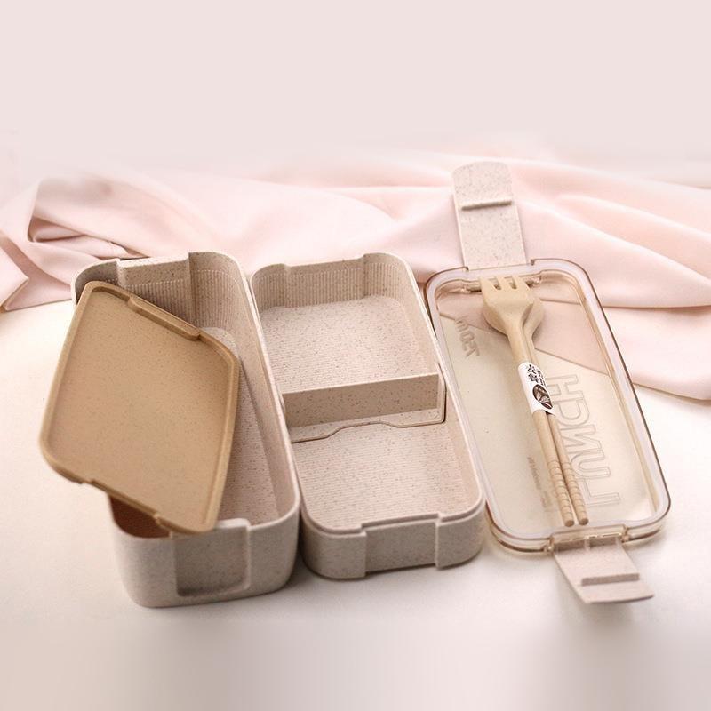 Double-Layer Wheat Straw Lunch Box With Fork And Spoon Microwave Safe Portable Lunch Box For Office Workers And Students