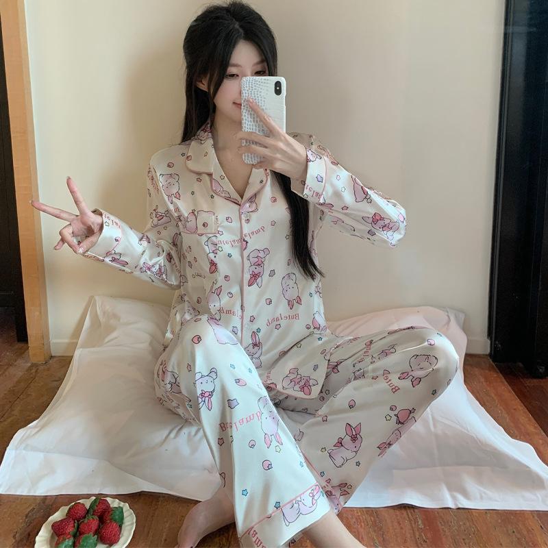 Cute Bunny Cartoon Ice Silk Pajamas Women'S Spring And Autumn Thin Long-Sleeved Trousers Two-Piece Loungewear
