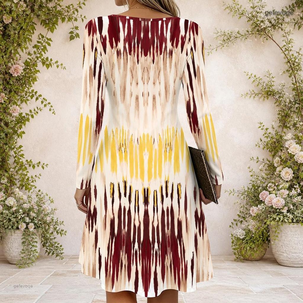 Women Criss Cross V Neck Long Sleeve Printed Fitted Curved Hem Dress