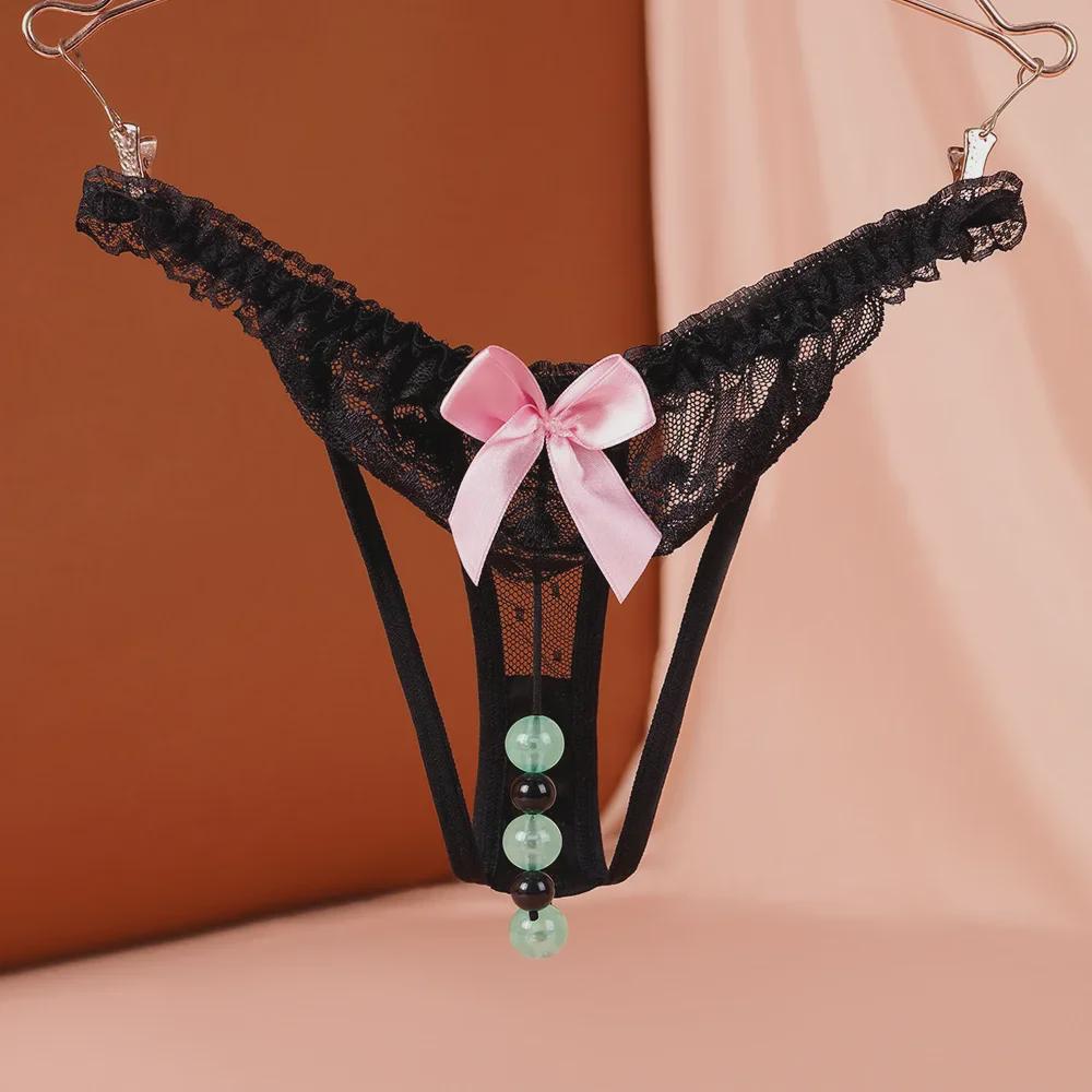 "Luminous Pearl Massage Open-Crotch Thong for Women: Sexy Nightclub Underwear"