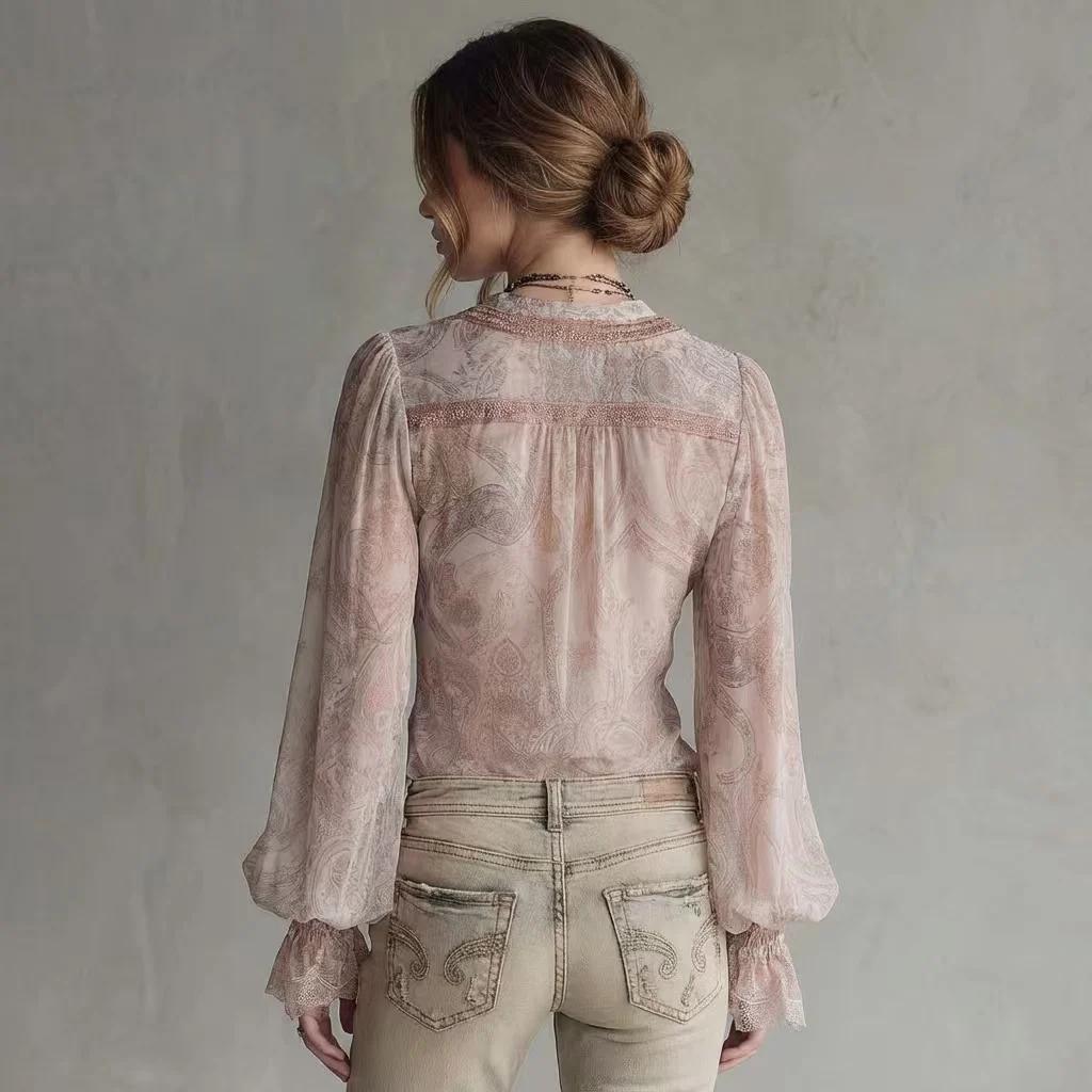 Bohemian Sheer Chiffon Blouse with Paisley Print V-Neck Lace Trim Long Sleeve Ruffle Cuff Shirt for Women