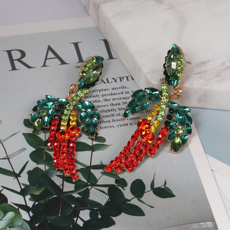 Pinkdudu Chili Pepper & Leaf Earrings Bold Red & Green Rhinestone Studs Fashionable PD1017