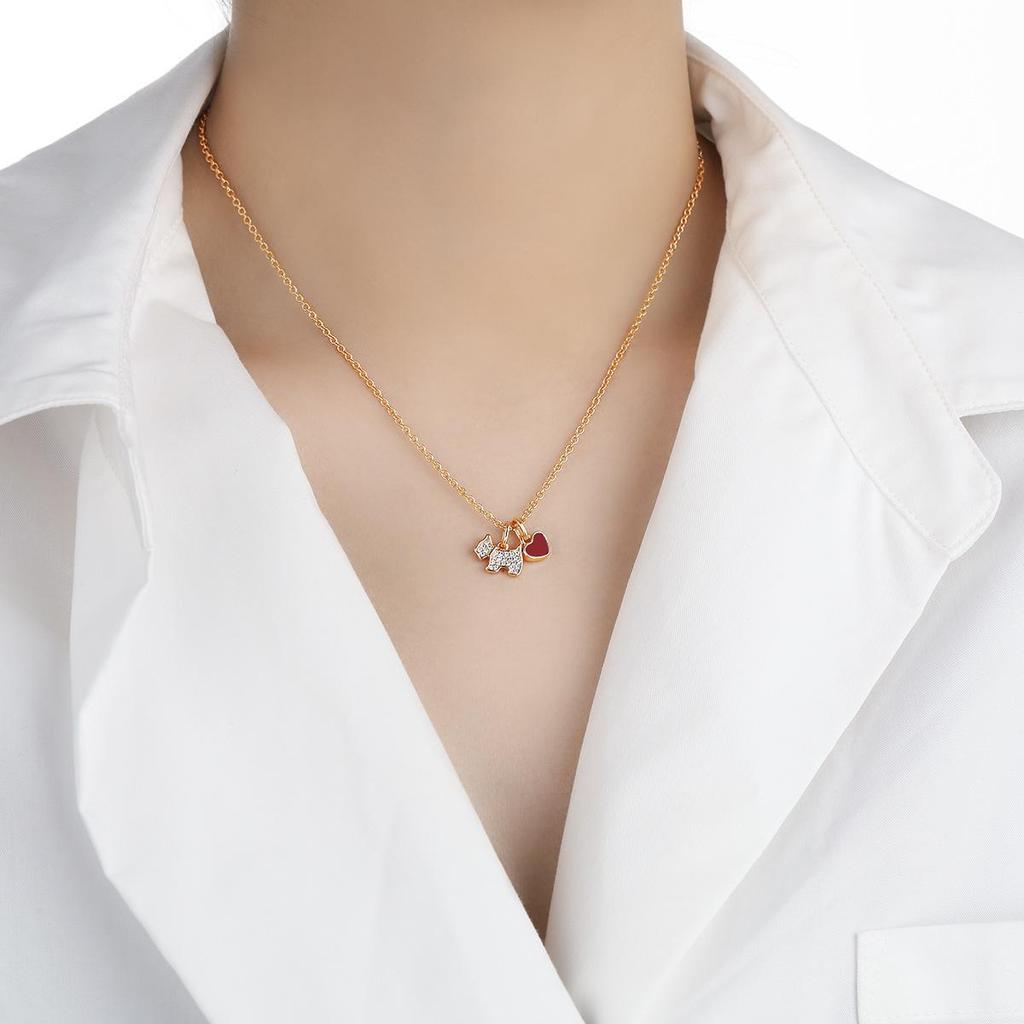 AG French Zircon & Diamond Heart Necklace - Mother-of-Pearl and Agate, Luxury Dog Design Clavicle Chain.