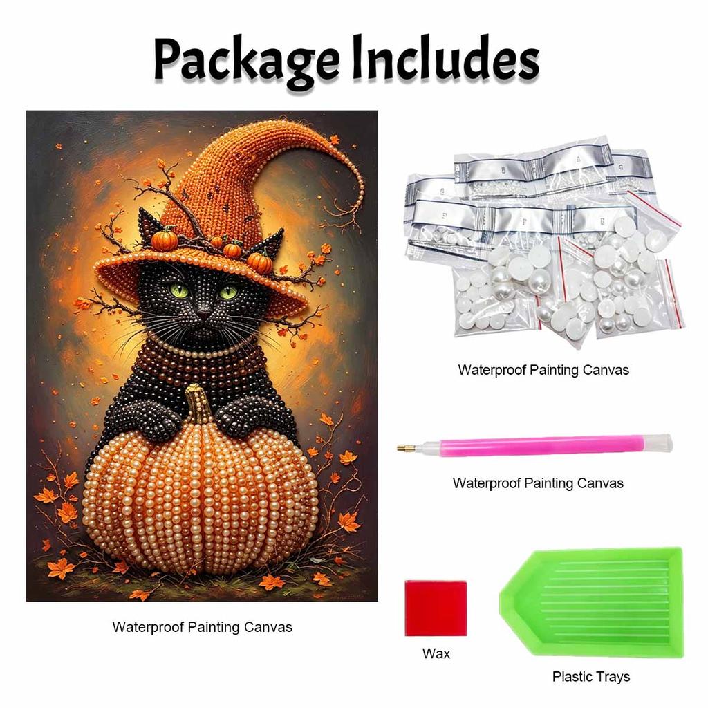 Halloween Pearl Painting Art Kit Black Cat with Pumpkin Handmade Diy Home Decorations